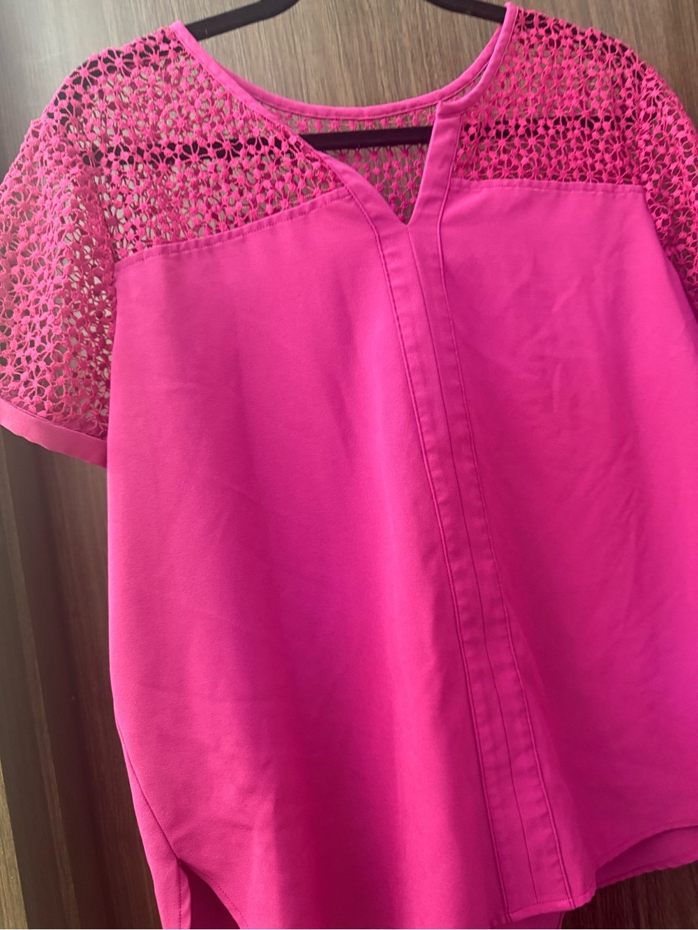 Ann Taylor Hot Pink Crochet-Yoke Short Sleeve Blouse